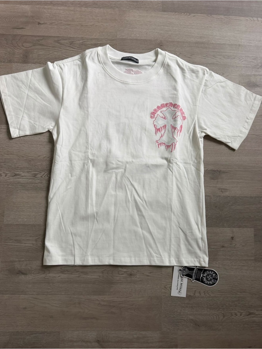 Chrome Hearts White Tee with Pink Dripping Skull Chest Logo